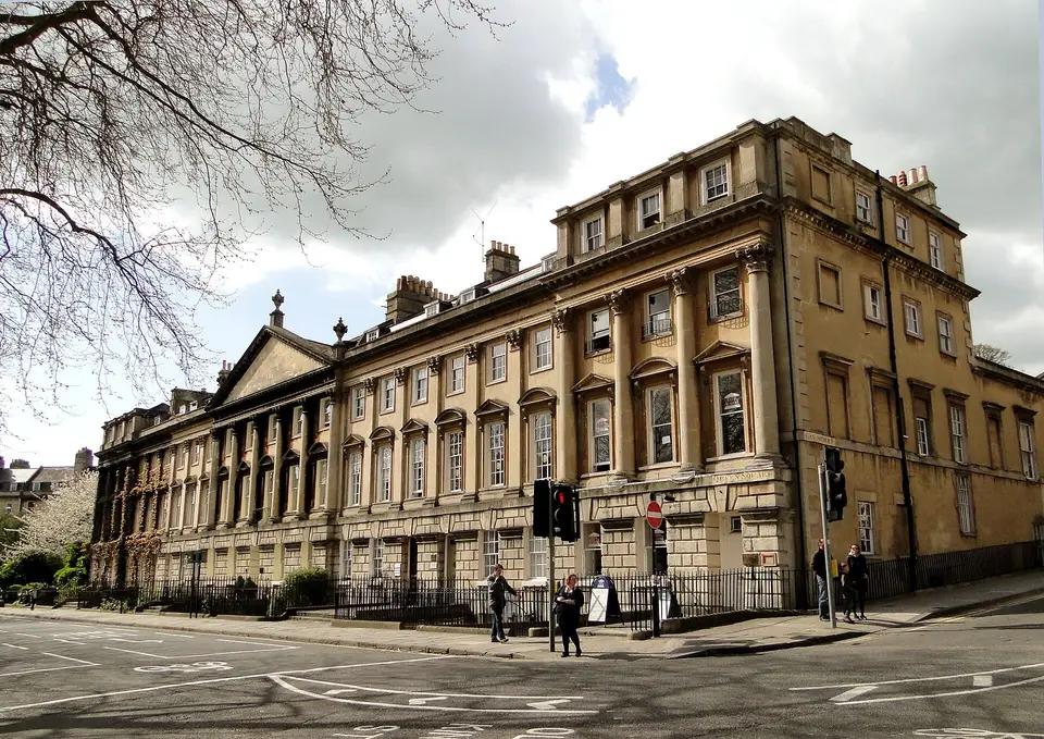 The north side of Queen Square, Bath, behind the gravel where boules is played