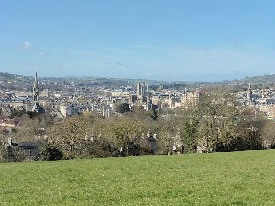 Bath seen across open fields from the Skyline walk near Bathwick Hill
