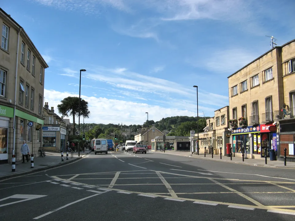 The shops on Wellsway at Bear Flat, Bath, looking south from Holloway