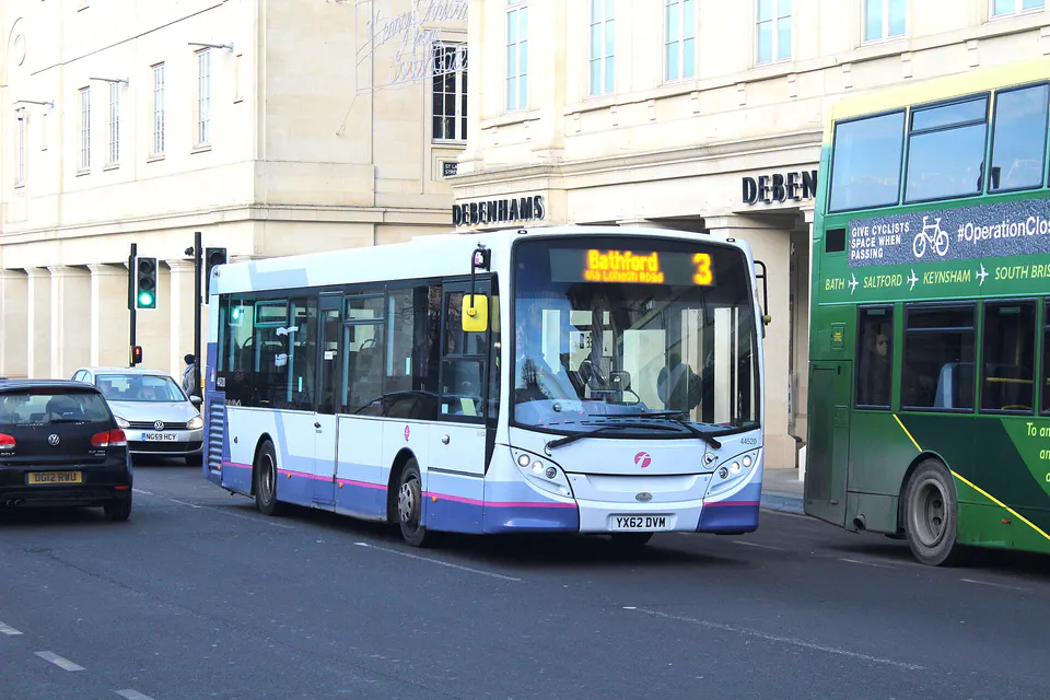 First Bus single-decker outside Bath Spa station