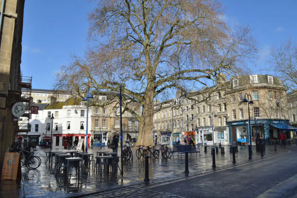 Kingsmead Square, Bath, with its plane tree and cafe tables