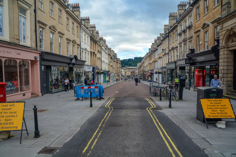 Cones and a closed carriageway on Milsom Street, Bath