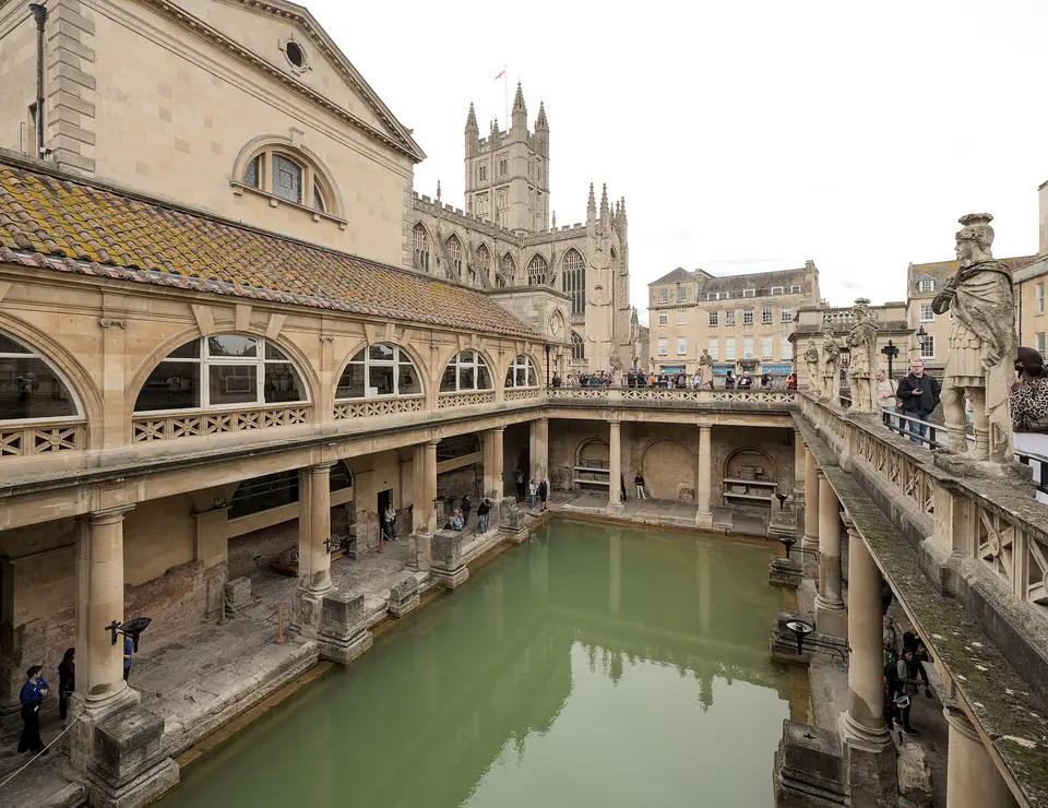 Great Bath at the Roman Baths with Bath Abbey beyond