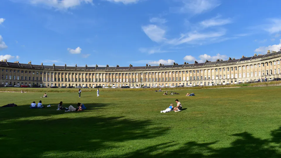Royal Crescent and its lawn on a sunny day, Bath