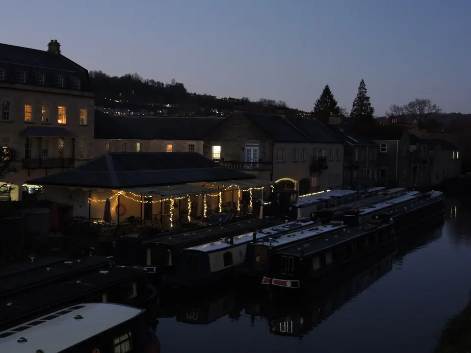 Bathwick canalside and boats at dusk, Bath
