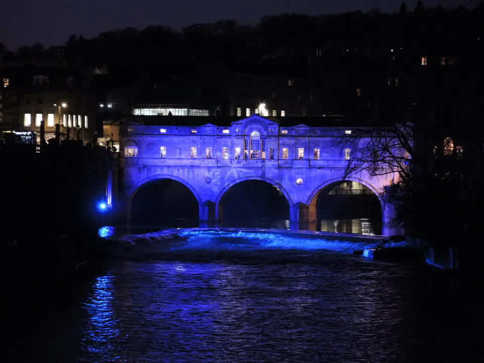 Pulteney Bridge lit blue at night, Bath