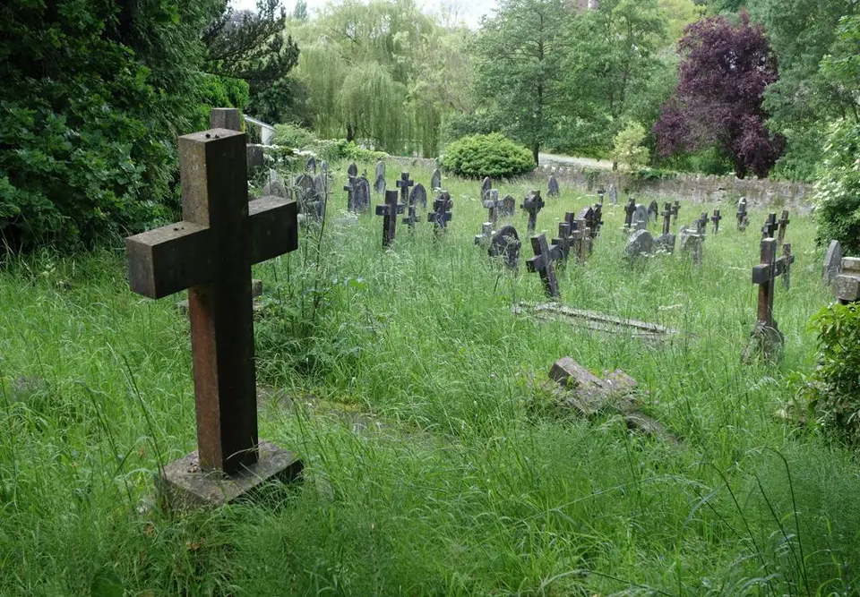 Old headstones in long grass at Smallcombe Garden Cemetery, Bath